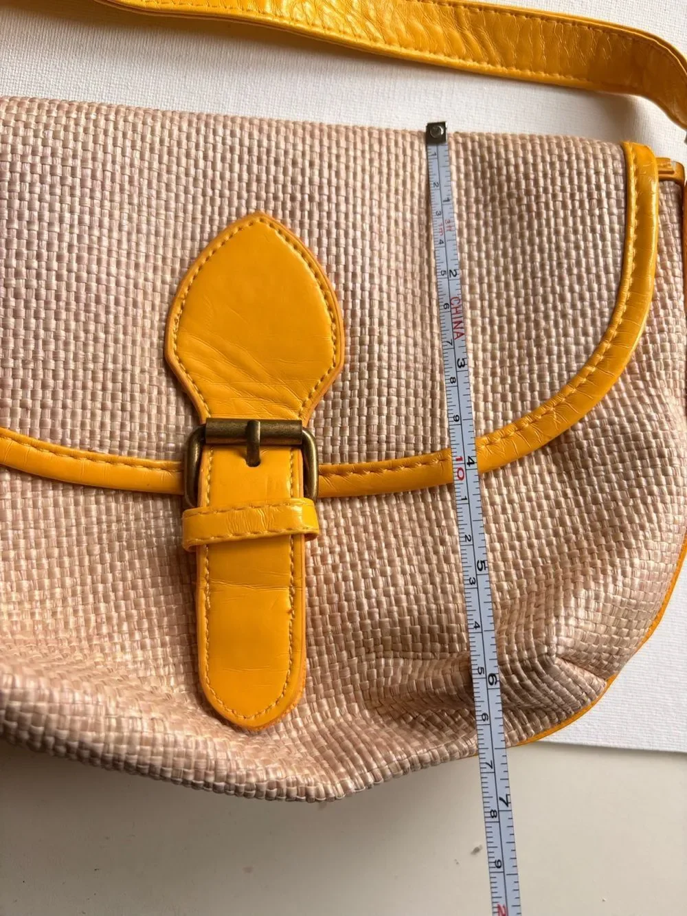 Xhilaration Beige Woven Crossbody with Yellow Trim